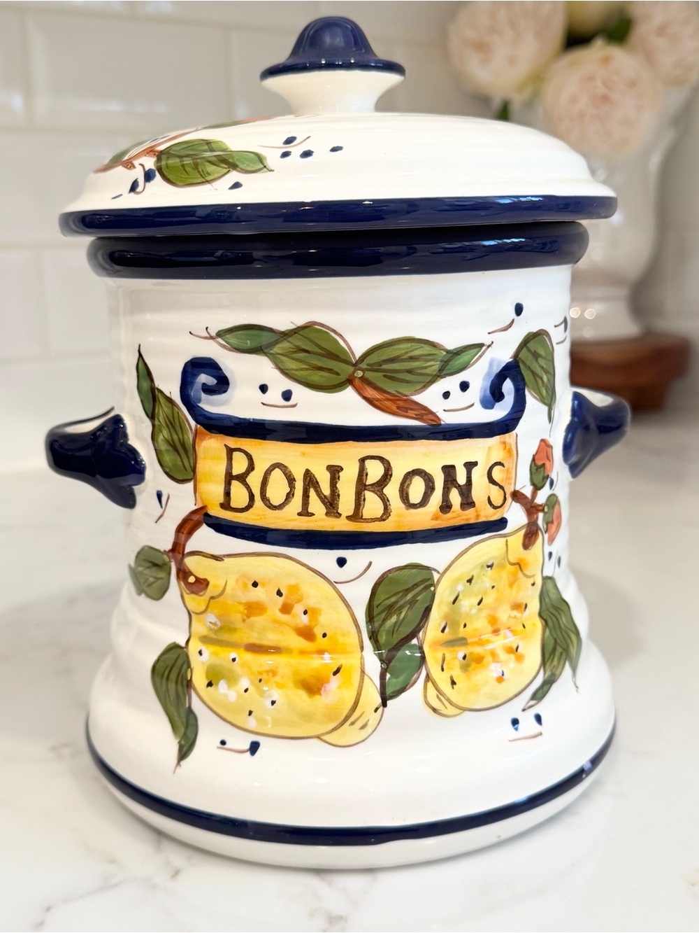 Vintage Bonbon Cookie Jar Chino Ceramic Hand Painted with Lid